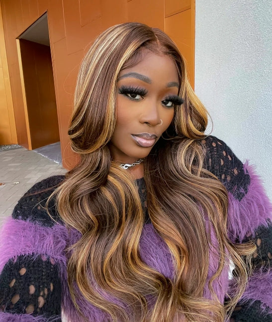 P4/27 Highlight Color Body Wave Human Hair 4x4 Lace Closure Wig