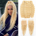 613 Blonde Deep Wave Human Hair 3 Bundles with 4x4 Lace Closure