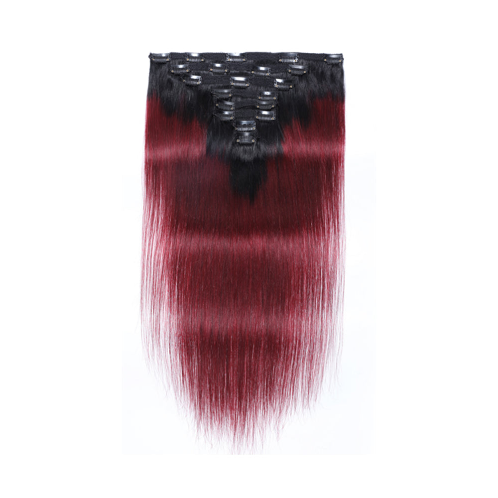 T1b/99J Burgundy Straight Hair Clips In Human Hair Extensions 8Pcs/Set 120g