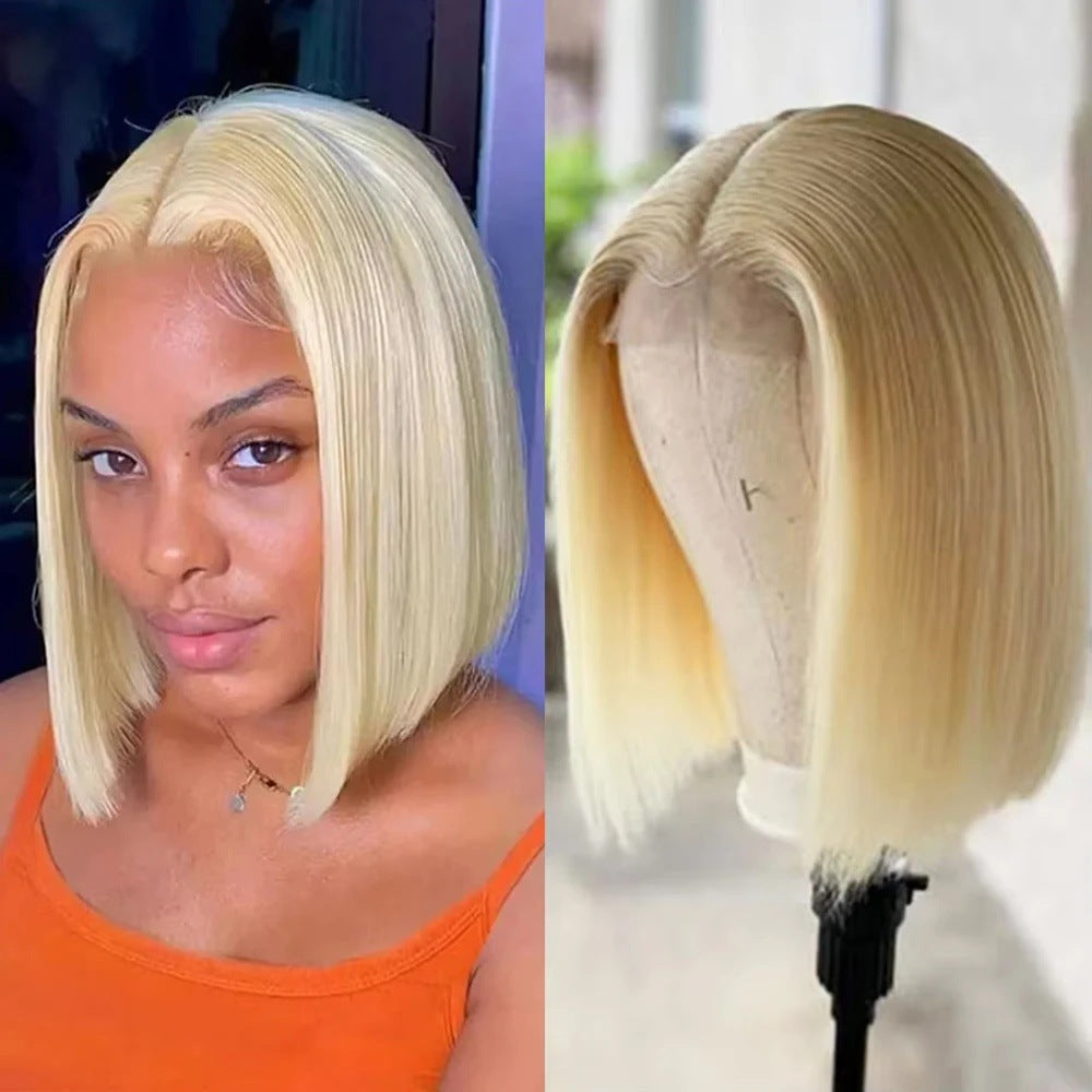 613 Blonde Short Bob Straight Human Hair 5x5 Lace Closure Bob Wigs