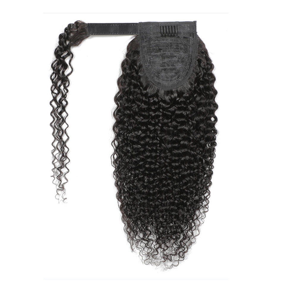 Kinky Curly Human Hair Wrap Ponytail Extensions, Natural Black Invisible Tape Ponytail