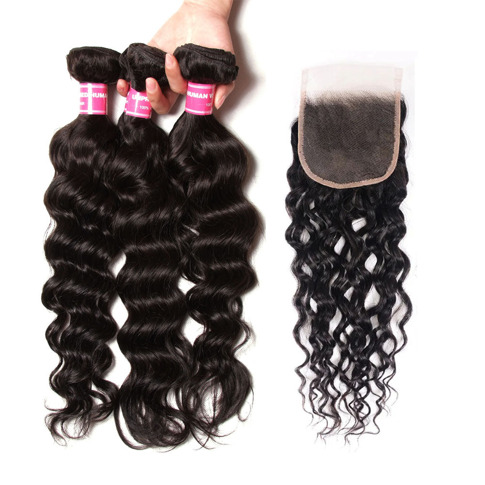 Natural Wave Human Hair 3 Bundles with 4x4 Lace Closure