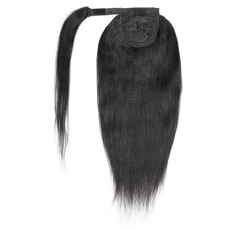 Yaki Straight Human Hair Wrap Ponytail Extensions, Natural Black Invisible Tape Ponytail