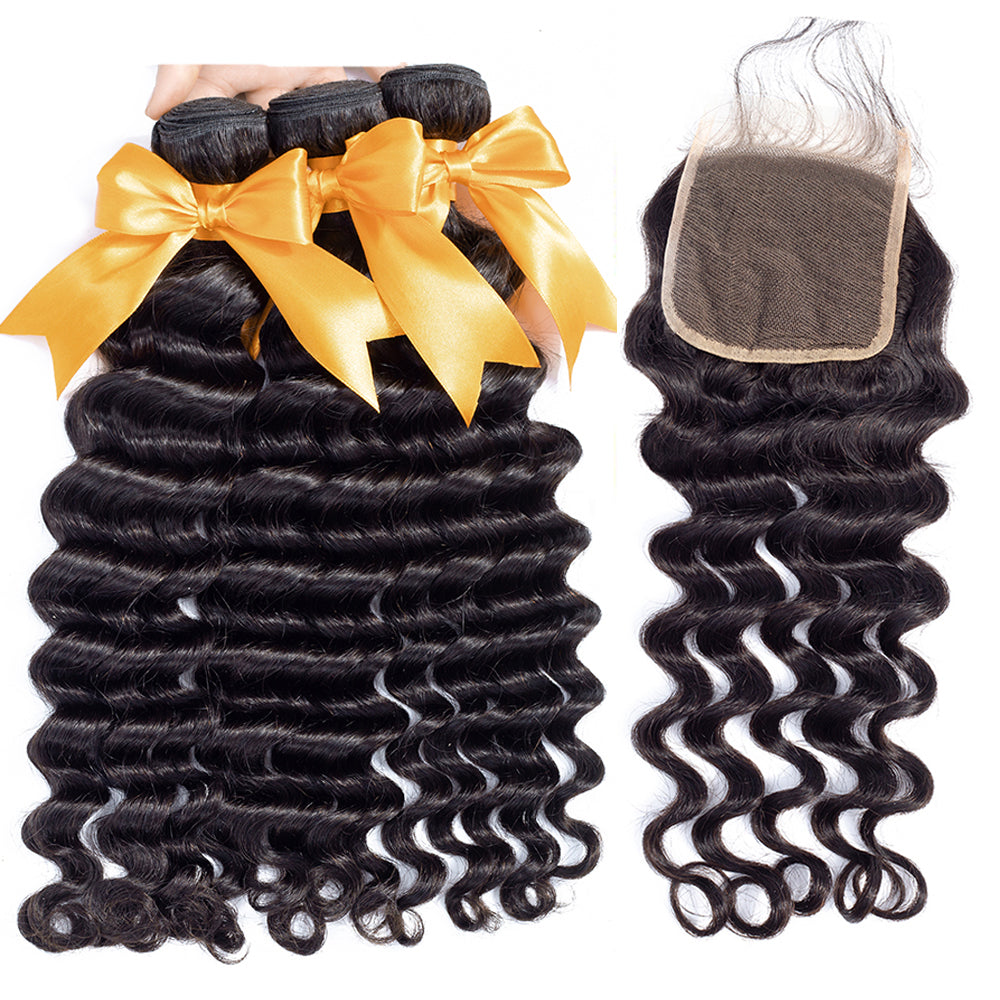 Deep Wave Human Hair 3 Bundles with 4x4 Lace Closure
