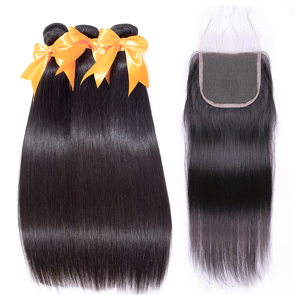 Straight Human Hair 3 Bundles with 4x4 Lace Closure