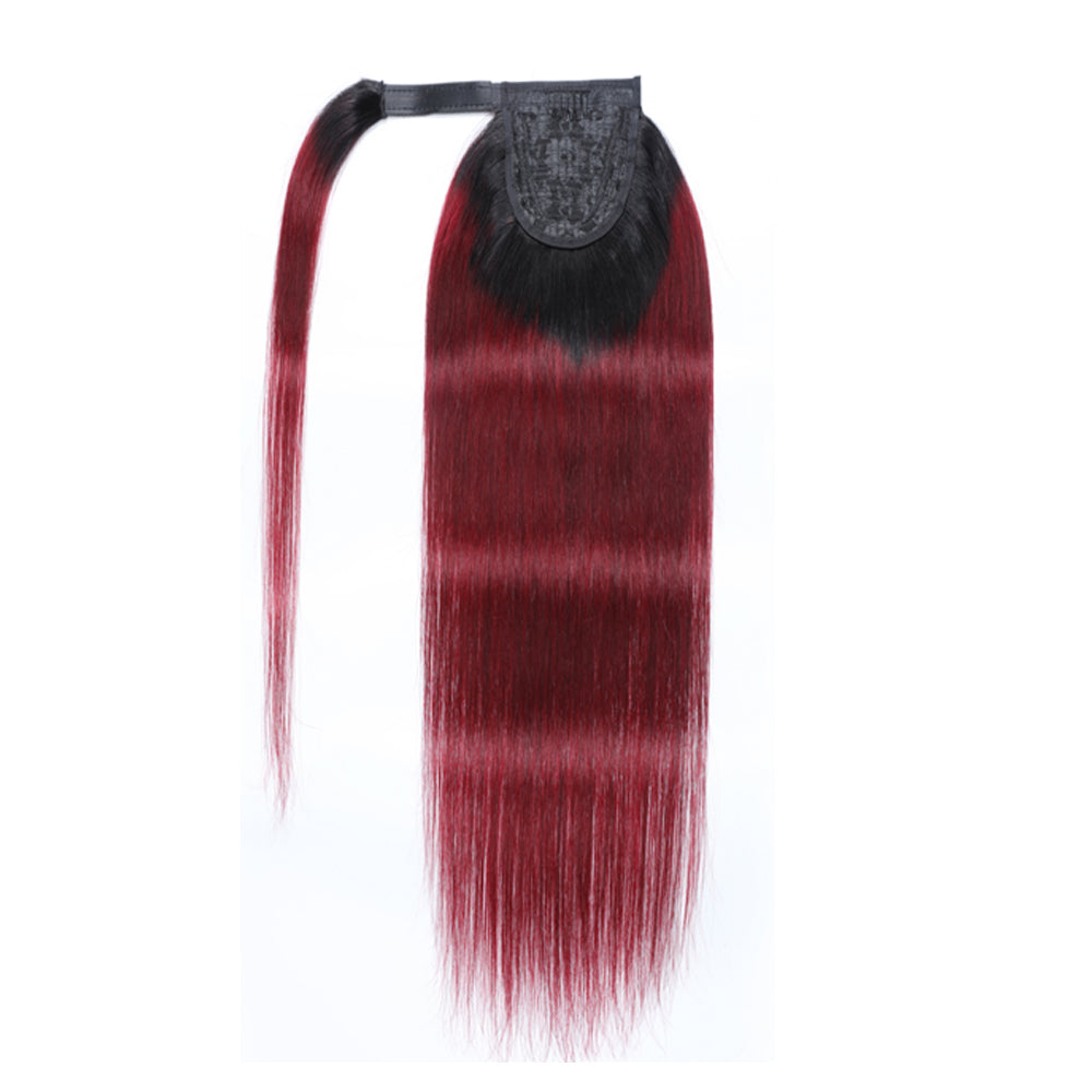 Black Ombre Red Straight Wrap Around Ponytail Human Hair Extensions, Invisible Magic Tape Ponytail Hair Piece for Black Women