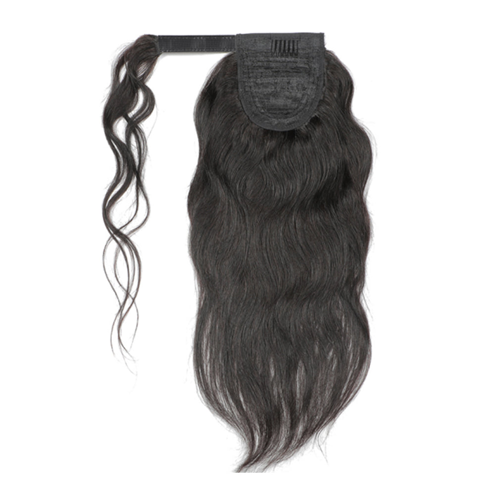 Natural Wave Human Hair Wrap Ponytail Extensions, Natural Black Invisible Tape Ponytail