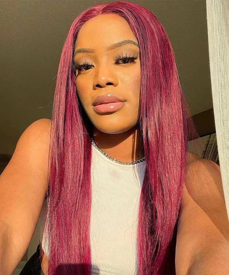 #99J Burgundy Straight Human Hair 13x4 Lace Frontal Wig