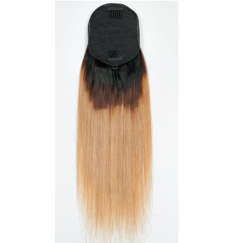 Black Ombre Honey Blonde Straight Drawstring Ponytail Human Hair Extensions, Breathable Mesh Ponytail Hair Piece for Black Women