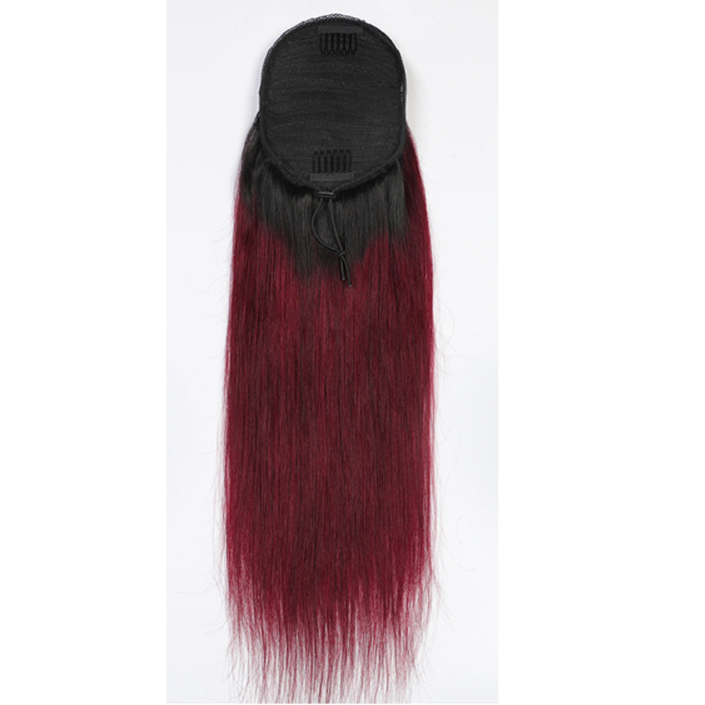 T1b/99J Straight Drawstring Ponytail Human Hair Extensions, Breathable Mesh Ponytail Hair Piece for Black Women