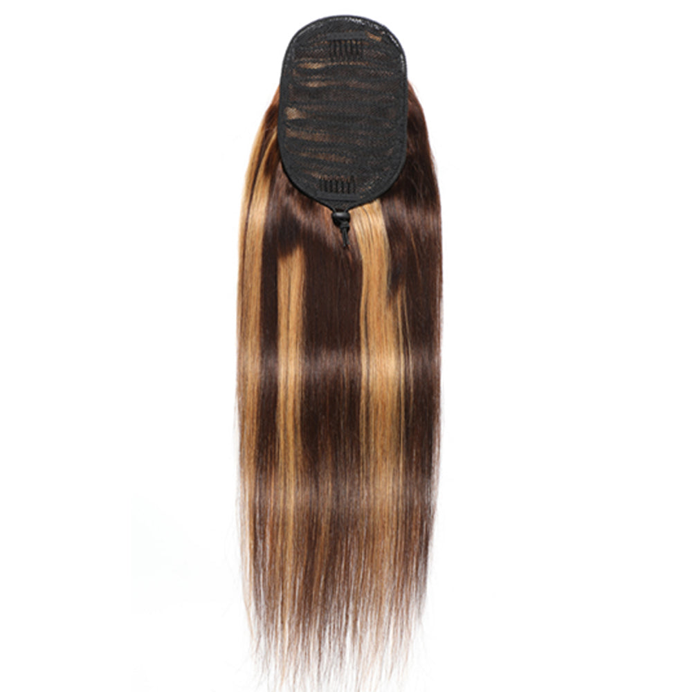 P4/27 Highlight Straight Drawstring Ponytail Human Hair Extensions, Breathable Mesh Ponytail Hair Piece for Black Women