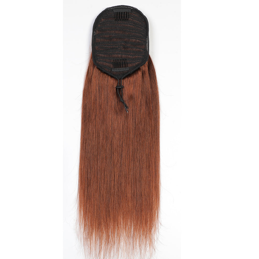 #4 Light Brown Straight Drawstring Ponytail Human Hair Extensions, Breathable Mesh Net Ponytail Hair Piece for African American Women