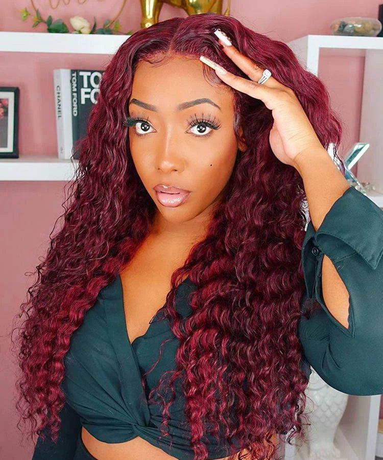 #99J Burgundy Color Deep Wave Human Hair 4x4 Lace Closure Wig