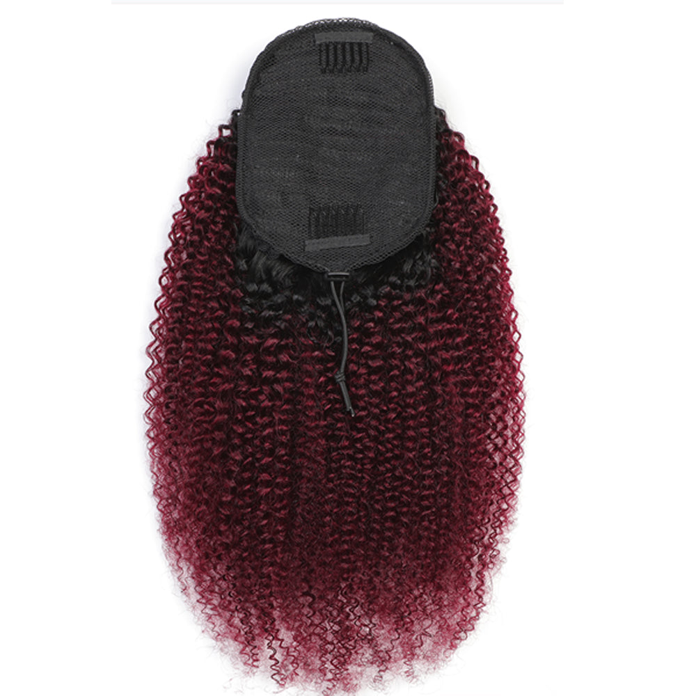 Black Burgundy Deep Curly Drawstring Ponytail Human Hair Extensions, Breathable Mesh Ponytail Hair Piece for Black Women