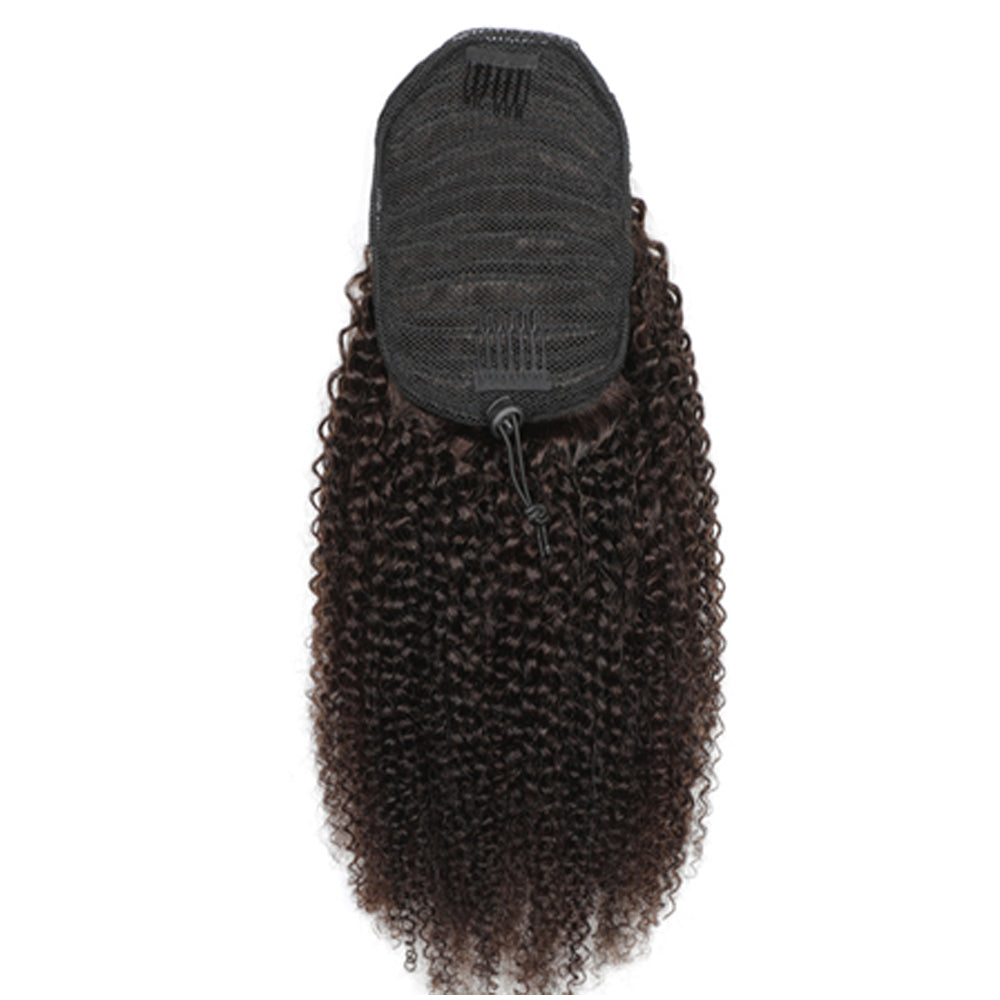 Dark Brown #2 Curly Drawstring Ponytail Human Hair Extensions, Breathable Mesh Ponytail Hair Piece for Black Women