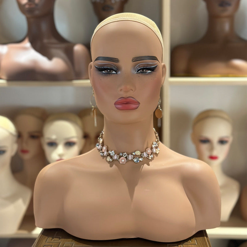 Realistic Female Brown Color Mannequin Head Stand DC-487-YH3