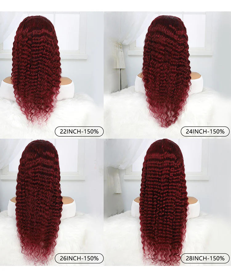 #99J Burgundy Color Deep Wave Human Hair 4x4 Lace Closure Wig