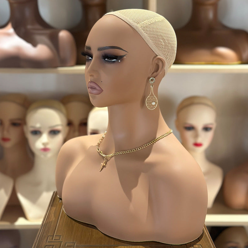 Realistic Female Brown Color Mannequin Head Stand DE-487-BX2