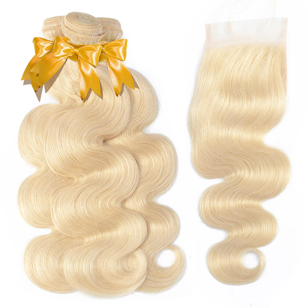 613 Blonde Body Wave Human Hair 3 Bundles with 4x4 Lace Closure