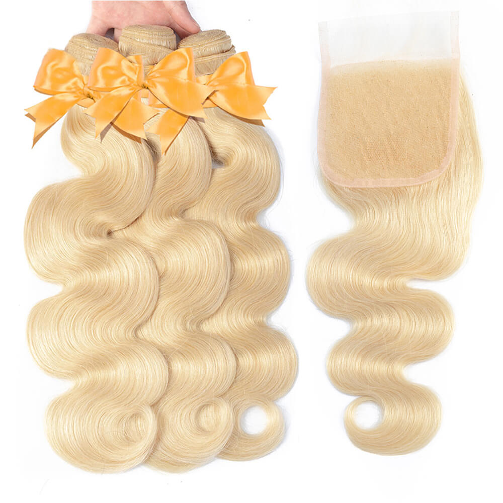613 Blonde Body Wave Human Hair 3 Bundles with 4x4 Lace Closure
