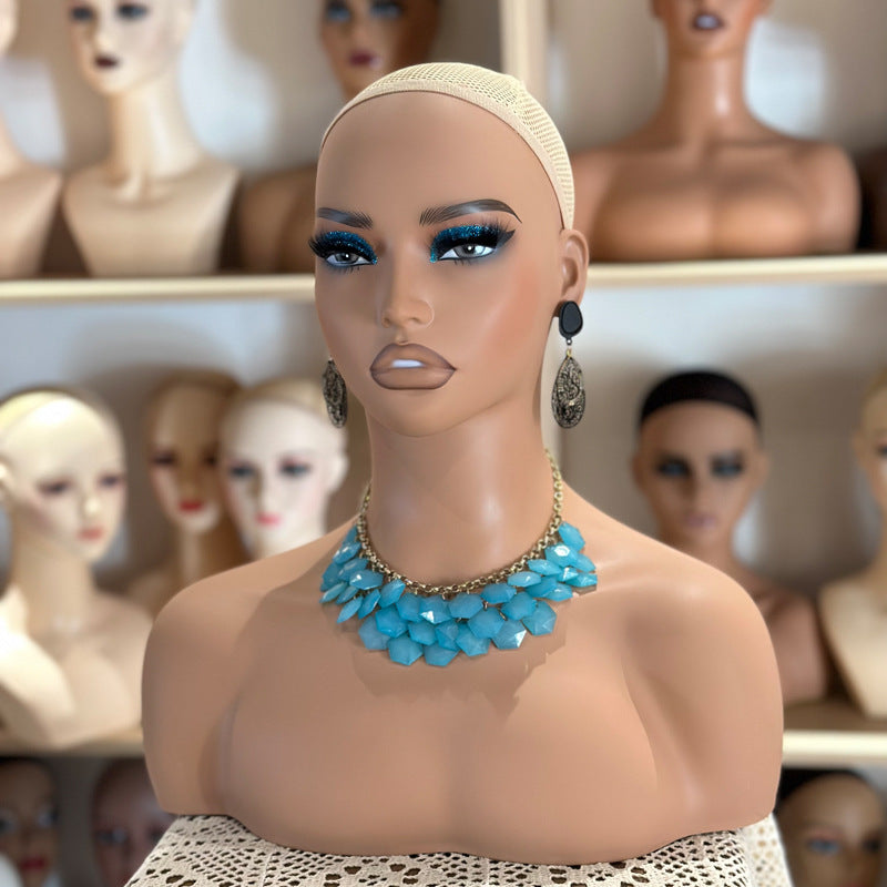Realistic Female Brown Color Mannequin Head Stand  DE-487-BX4