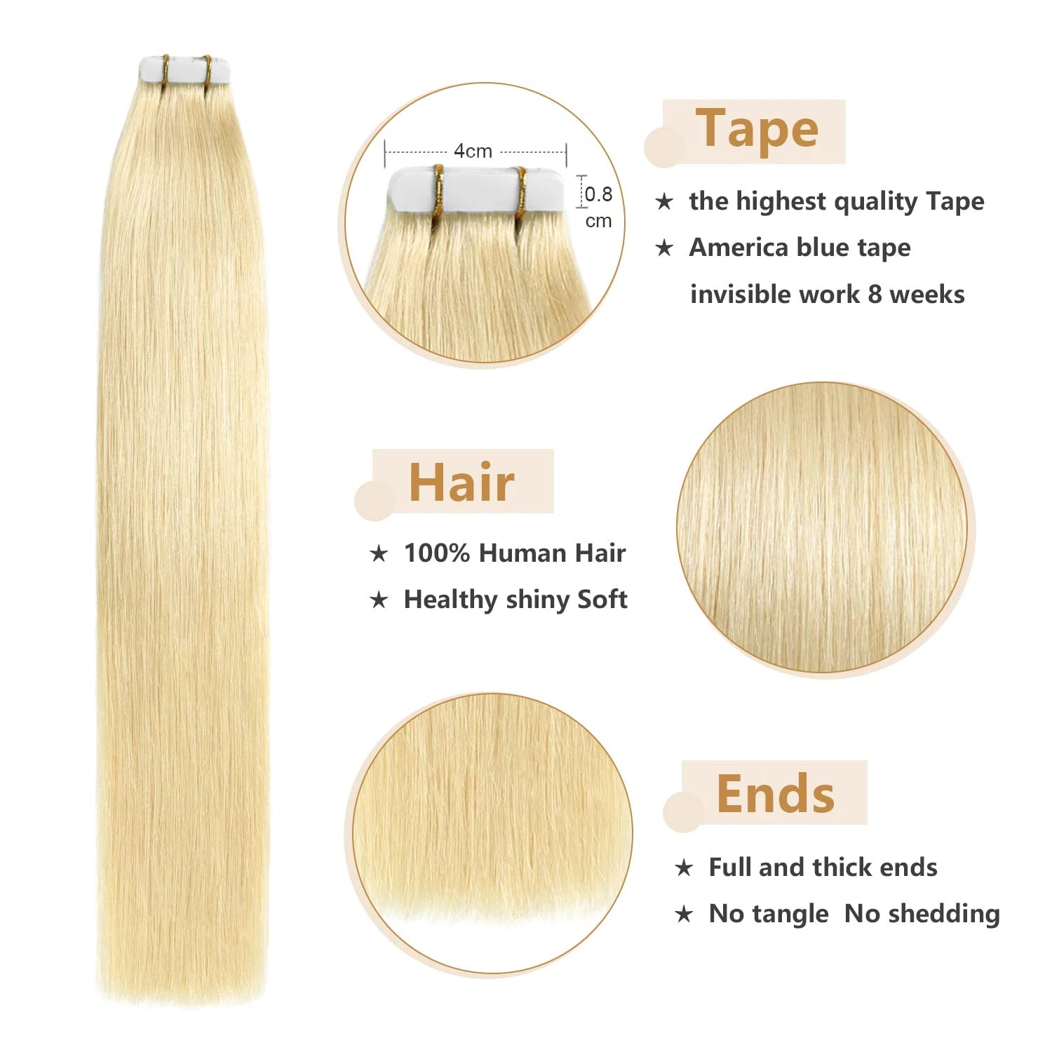 Light Color Tape In Human Hair Extensions 40Pcs/Pack=100g