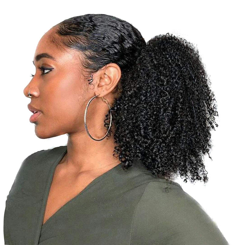 Jet Black Afro Kinky Curly Drawstring Ponytail Human Hair Extensions, Breathable Mesh Net Ponytail Hair Piece for African American Women