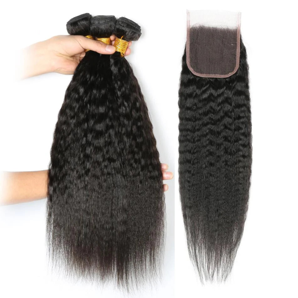 Kinky Straight Wave Human Hair 3 Bundles with 4x4 Lace Closure