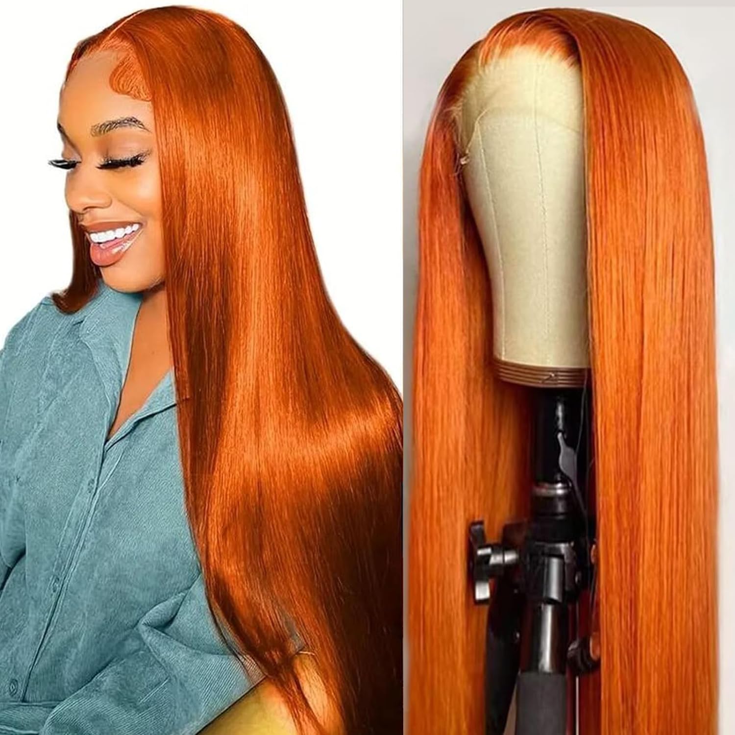 #350 Ginger Orange Long Straight Human Hair 13x6 Lace Frontal Hair Wigs