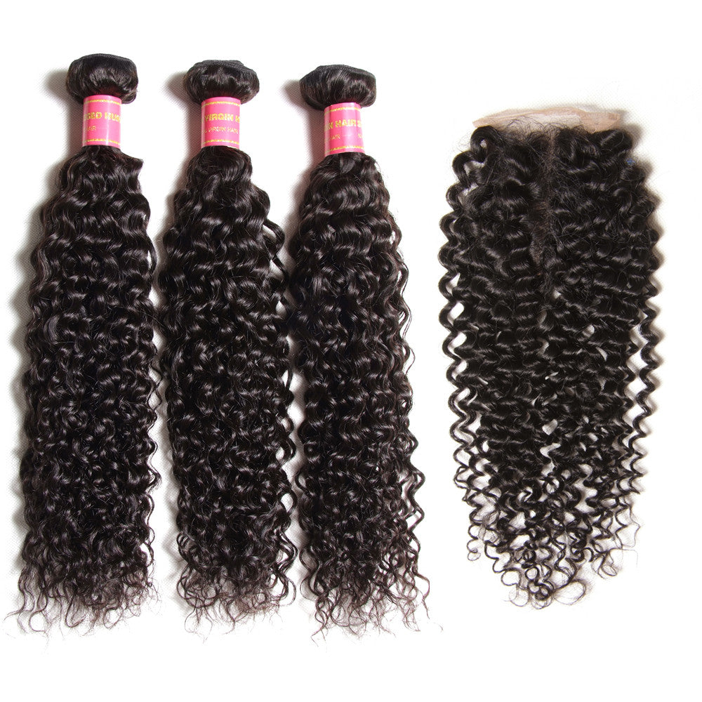 Curly Wave Human Hair 3 Bundles with 4x4 Lace Closure