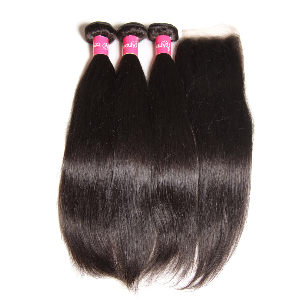 12A Brazilian Straight Human Hair 3 Bundles with 4x4 HD Lace Closure