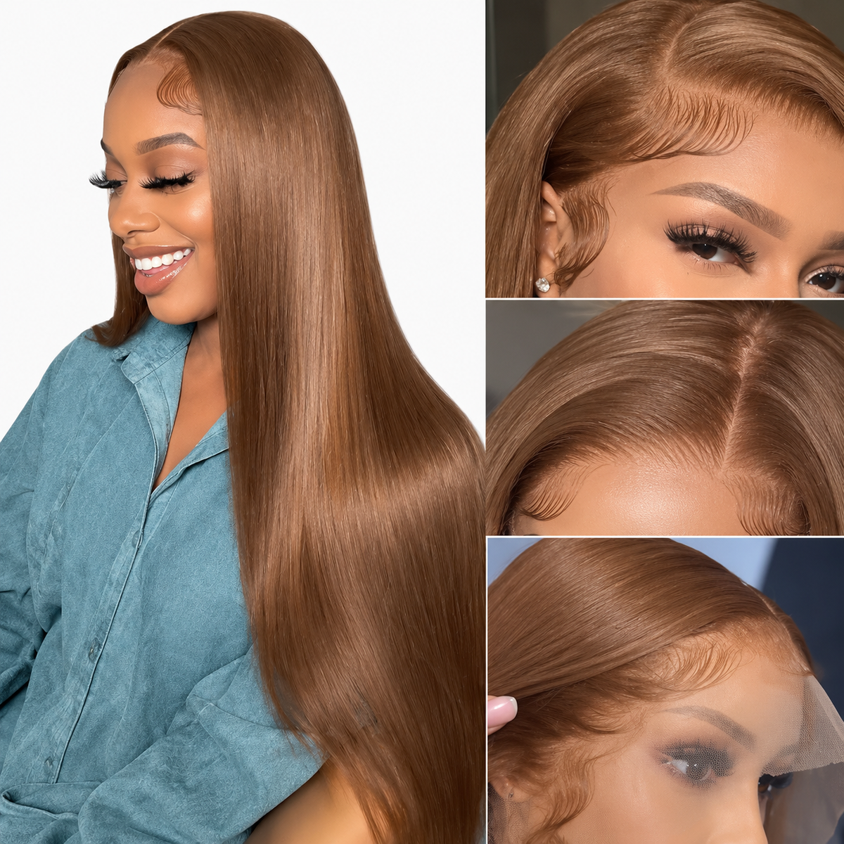 #8 Medium Light Brown  100% Brazilian Human Hair 13x6 Straight Lace Front Wig, Natural Hairline,  10-32 Inch