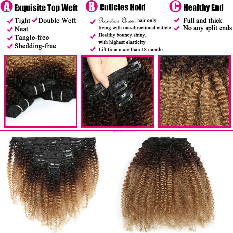 Ombre T1b/4/27 Afro Kinky Curly Human Hair Clips In Hair Extensions 8Pcs/Set