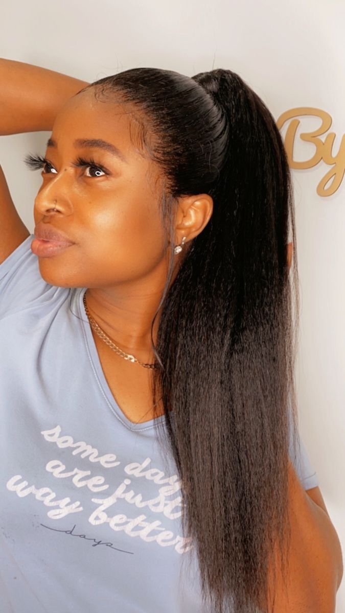 Jet Black Yaki Straight Drawstring Ponytail Human Hair Extensions, Breathable Mesh Net Ponytail Hair Piece for African American Women