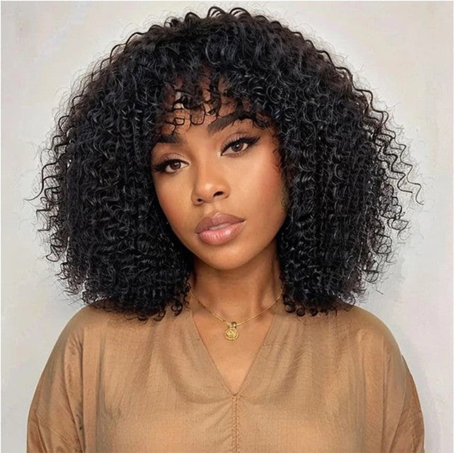 Natural Black Color Afro Kinky Curly Human Hair Wigs with Bangs
