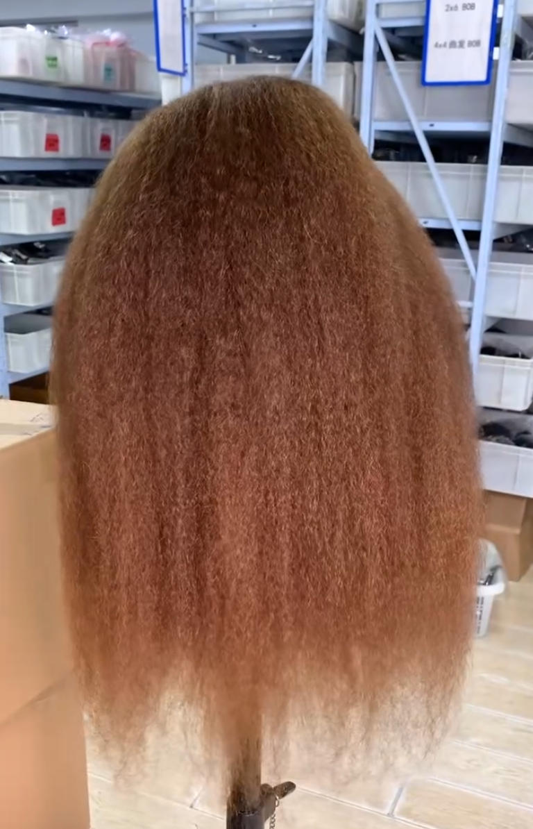 #4 Brown Brazilian Kinky Straight Human Hair 9x6 Glueless Lace Front Wigs with Drawstring Mesh Cap