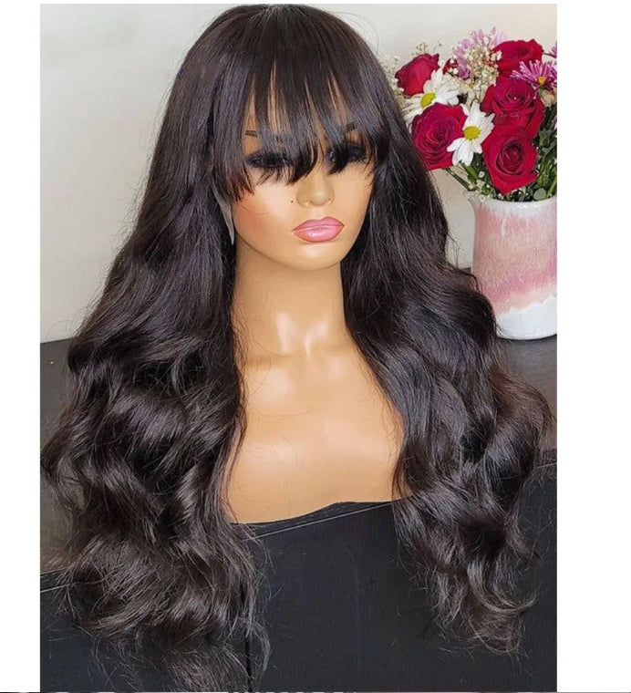 Natural Black Color Body Wave Human Hair Wigs with Bangs