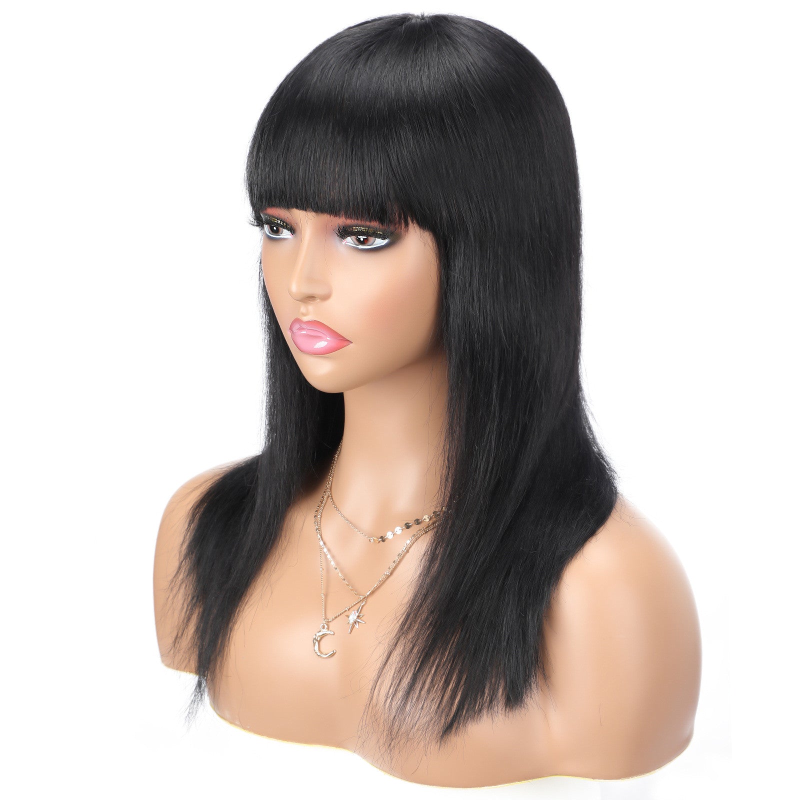 Natural Black Color Straight Human Hair Wigs with Bangs