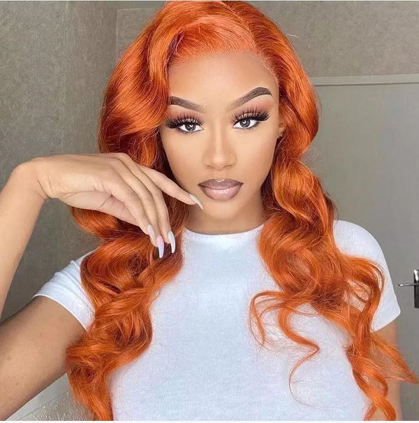 #350 Ginger Orange Long Body Wave Human Hair 13x6 Lace Frontal Hair Wigs
