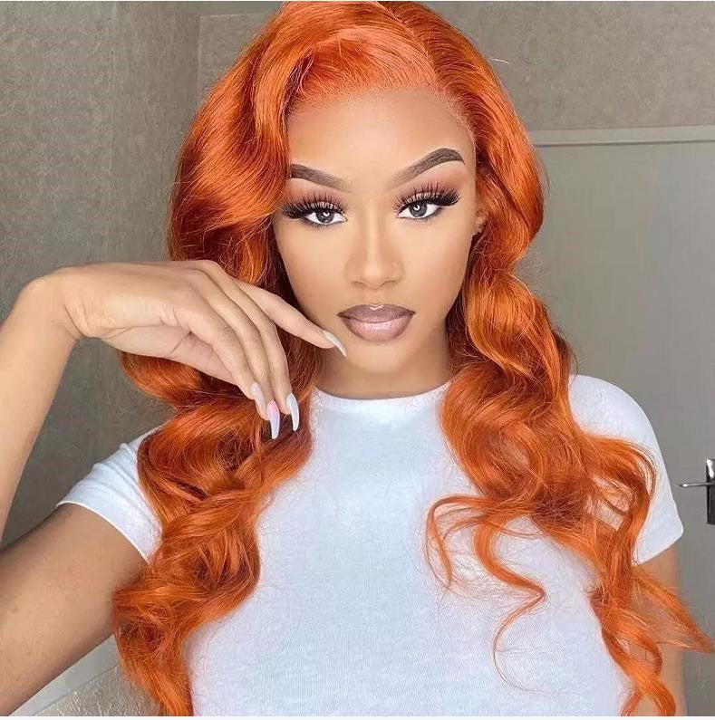 #350 Ginger Orange Long Body Wave Human Hair 13x6 Lace Frontal Hair Wigs