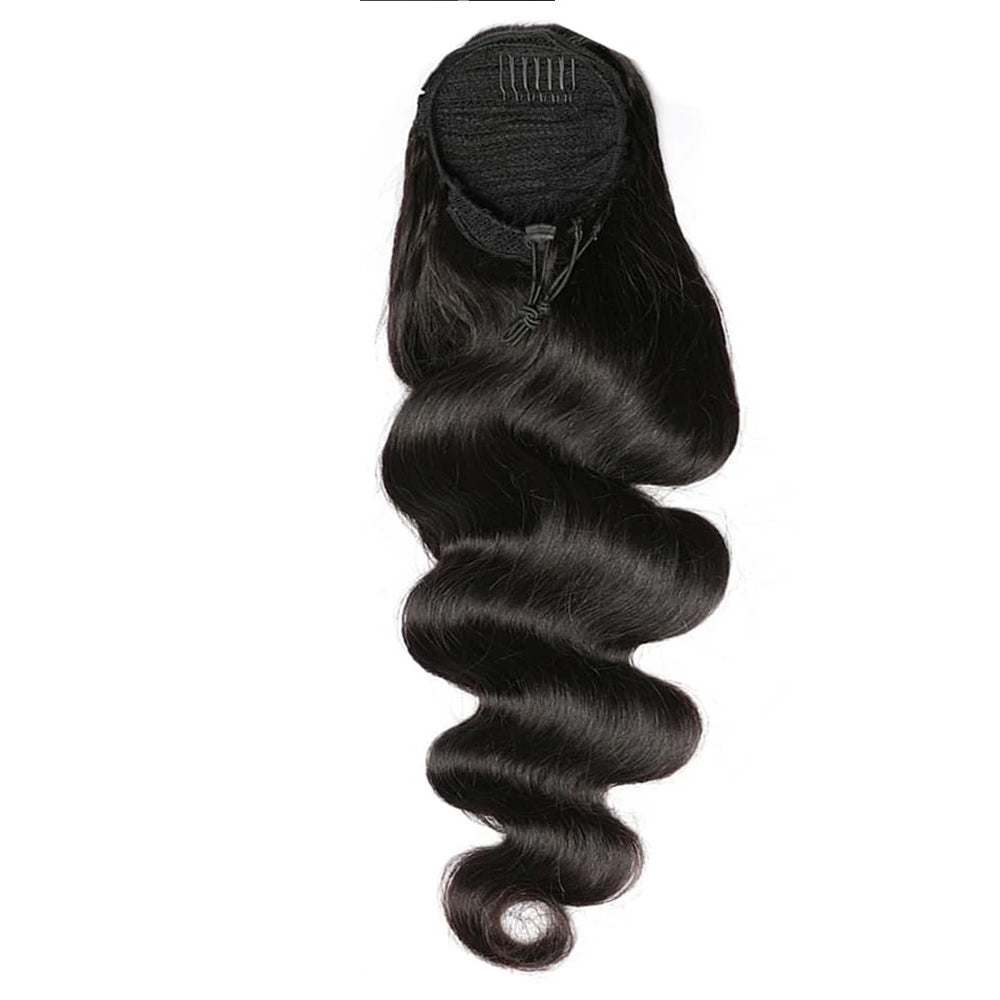 Jet Black Body Wave Drawstring Ponytail Human Hair Extensions, Breathable Mesh Net Ponytail Hair Piece for African American Women
