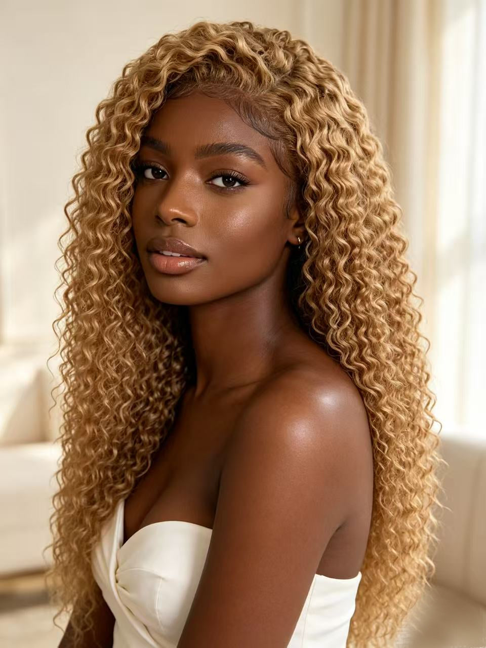 #27 Honey Blonde Kinky Curly Human Hair Wig, Warm Golden Curly 13x4 Lace Frontal Wig For Black Women Real Warehouse Stock