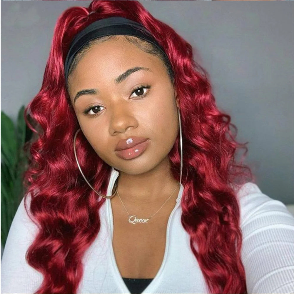 Burgundy Body Wave Human Hair Headband Wigs