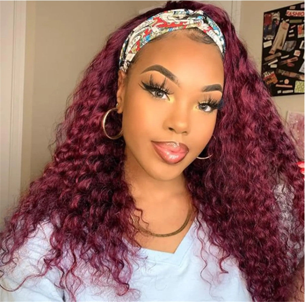 Burgundy Water Wave Human Hair Headband Wigs