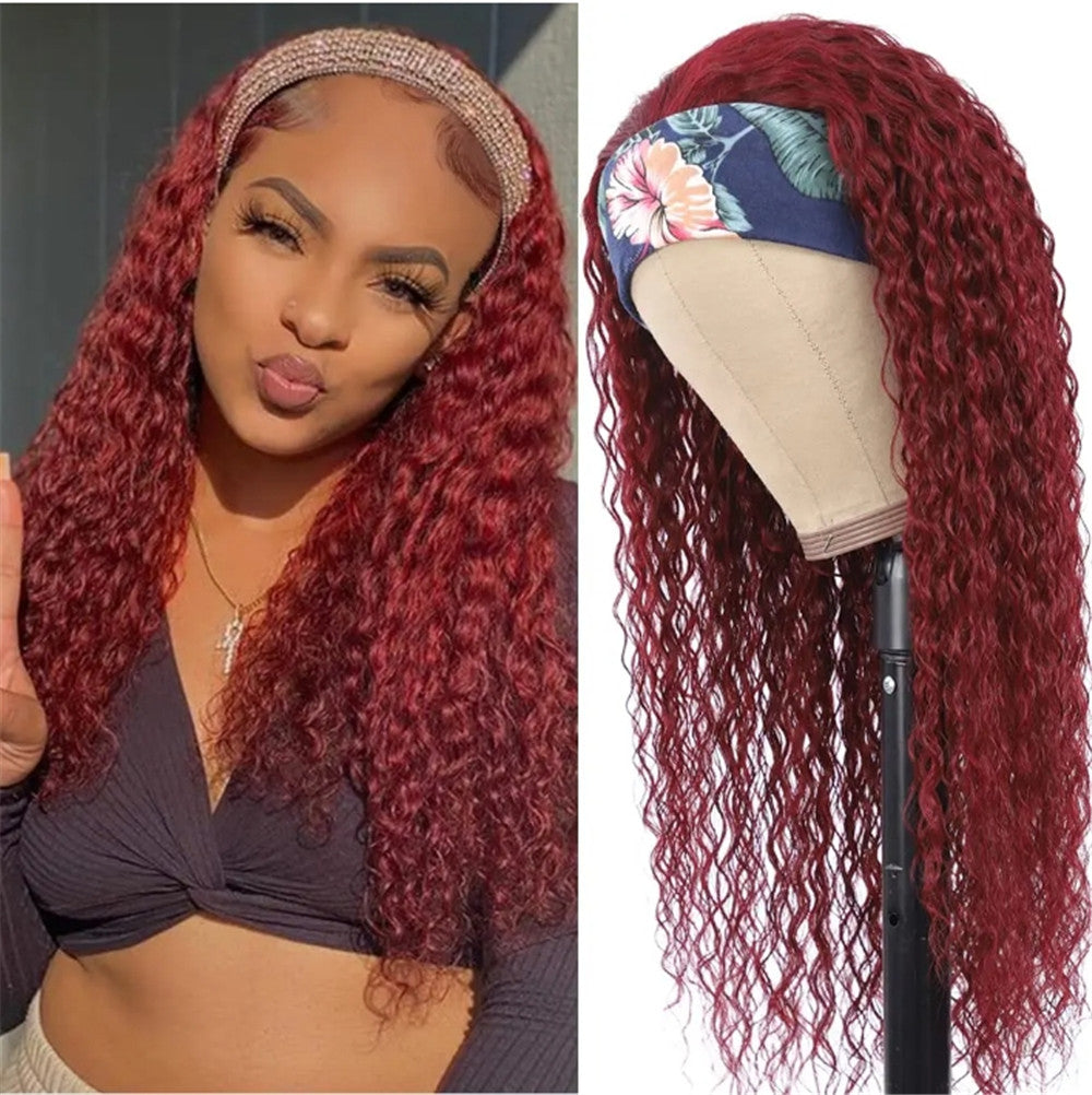 Burgundy Water Wave Human Hair Headband Wigs