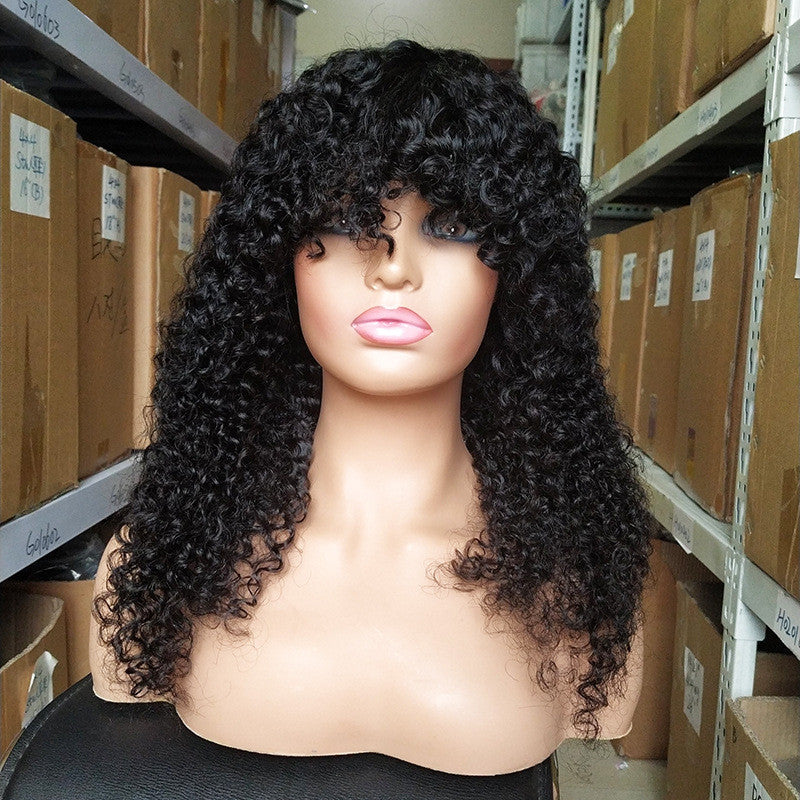 Natural Black Color Curly Human Hair Wigs with Bangs