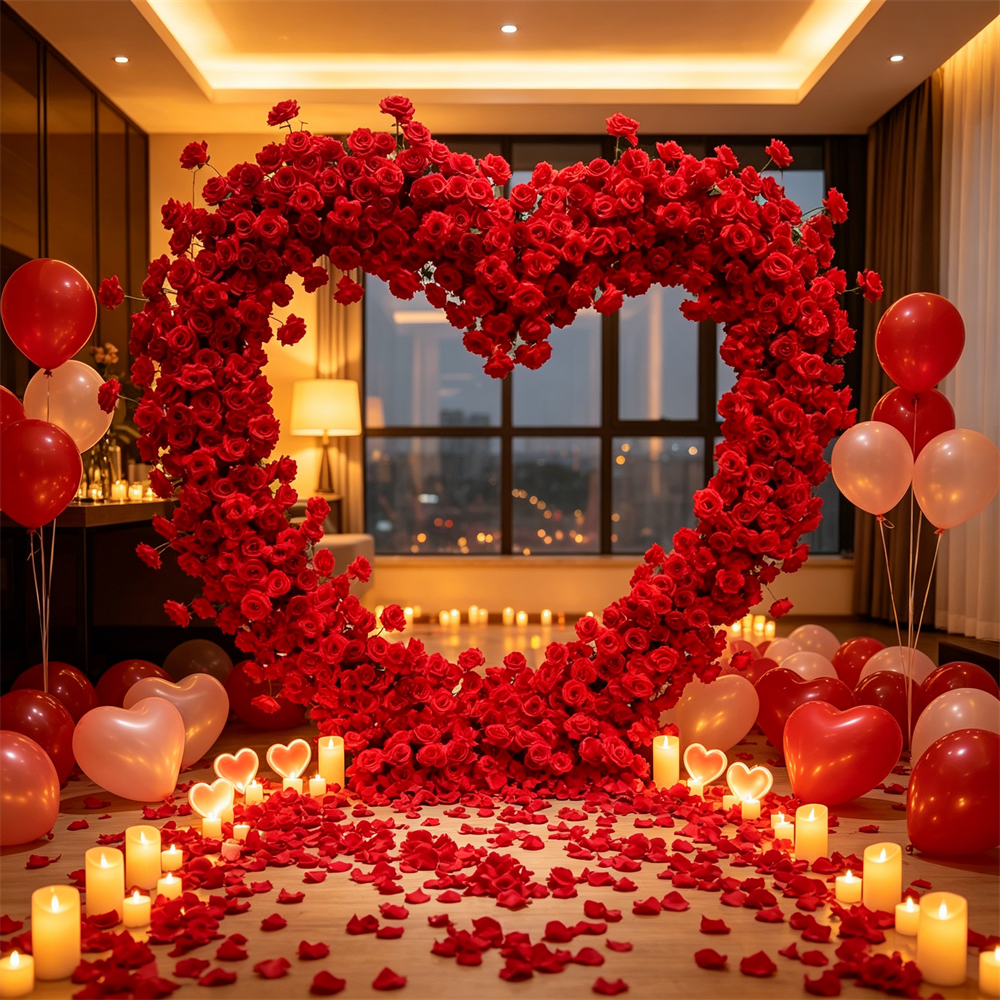 Pink/Red/White Fuller Thicker Artificial Rose Flower Arrangement Decorative Heart Shaped Wedding Arch Backdrop Marriage Proposal Outdoor Party Event Decoration (Dark Red & Red Flowers with Arch)