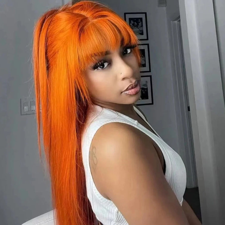 #350 Ginger Orange Straight Human Hair Wigs with Bangs