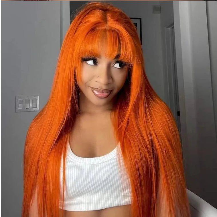 #350 Ginger Orange Straight Human Hair Wigs with Bangs