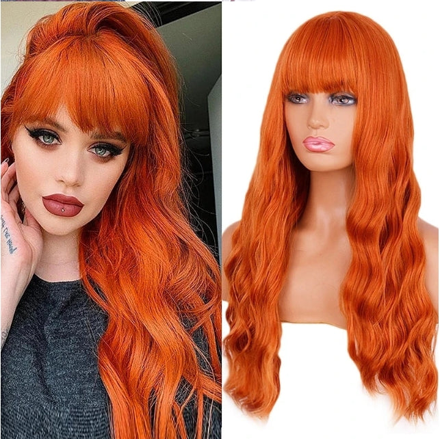 #350 Ginger Orange Body Wave Human Hair Wigs with Bangs
